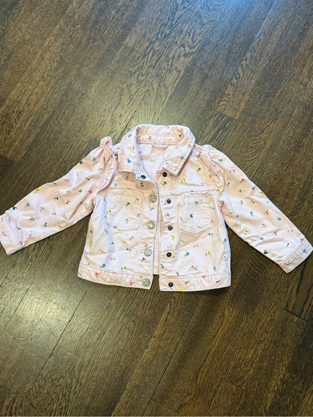 GAP Pink Floral Ruffle-Shoulder Jean Jacket